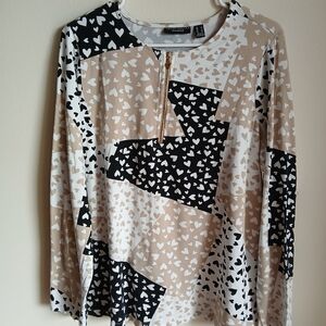 Susan Graver Large Top Soft Knit Heart Patch Print Half Zip